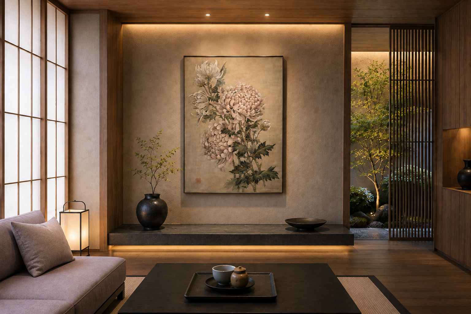 旅館に日本画作品「菊」を展示したイメージ｜岡本留美子