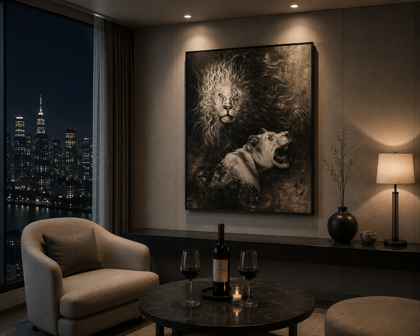 ホテルの部屋に日本画作品「先を見据える目」を展示したイメージ｜岡本留美子